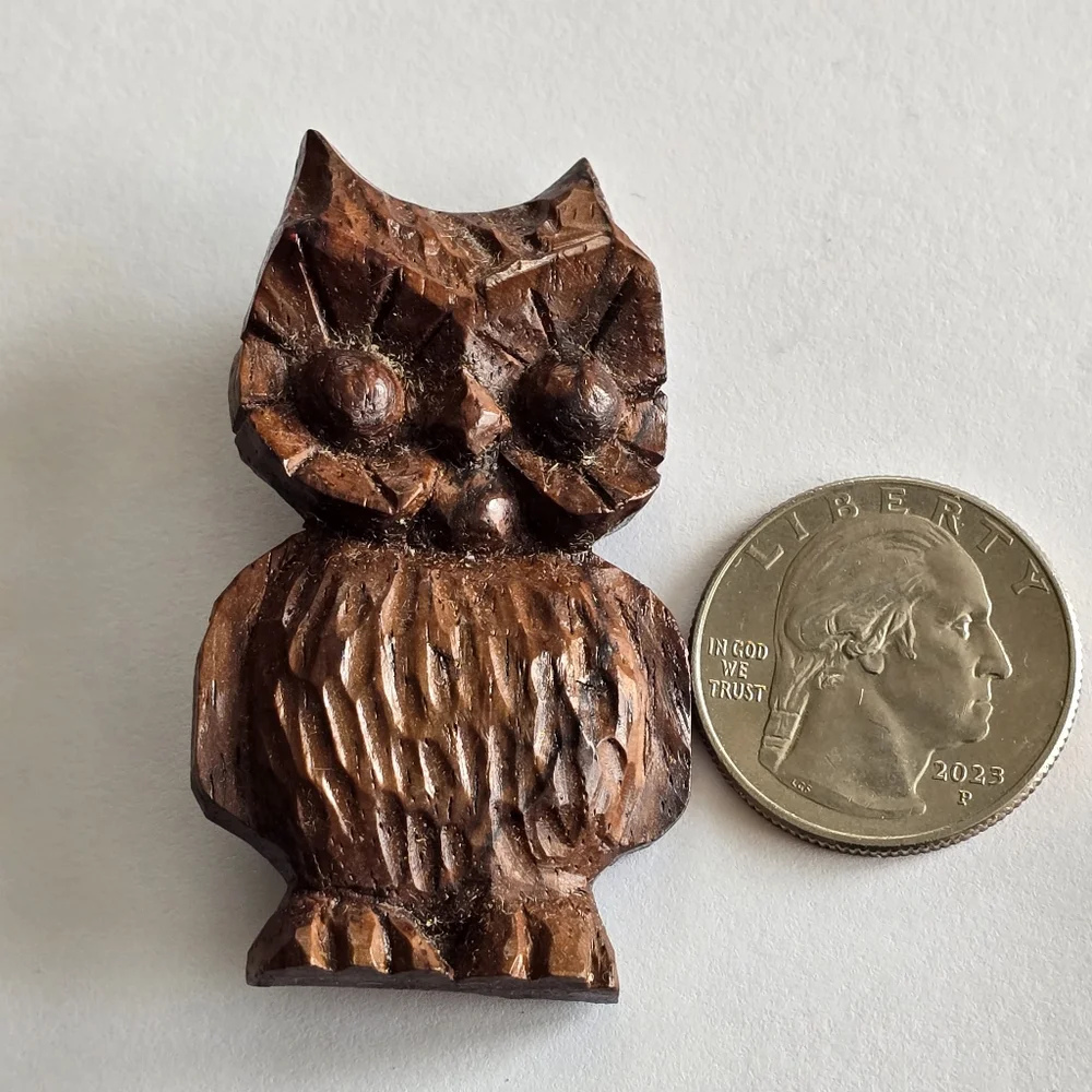 Vintage owl brooch carved wood bird brown cottage cottagecore pin